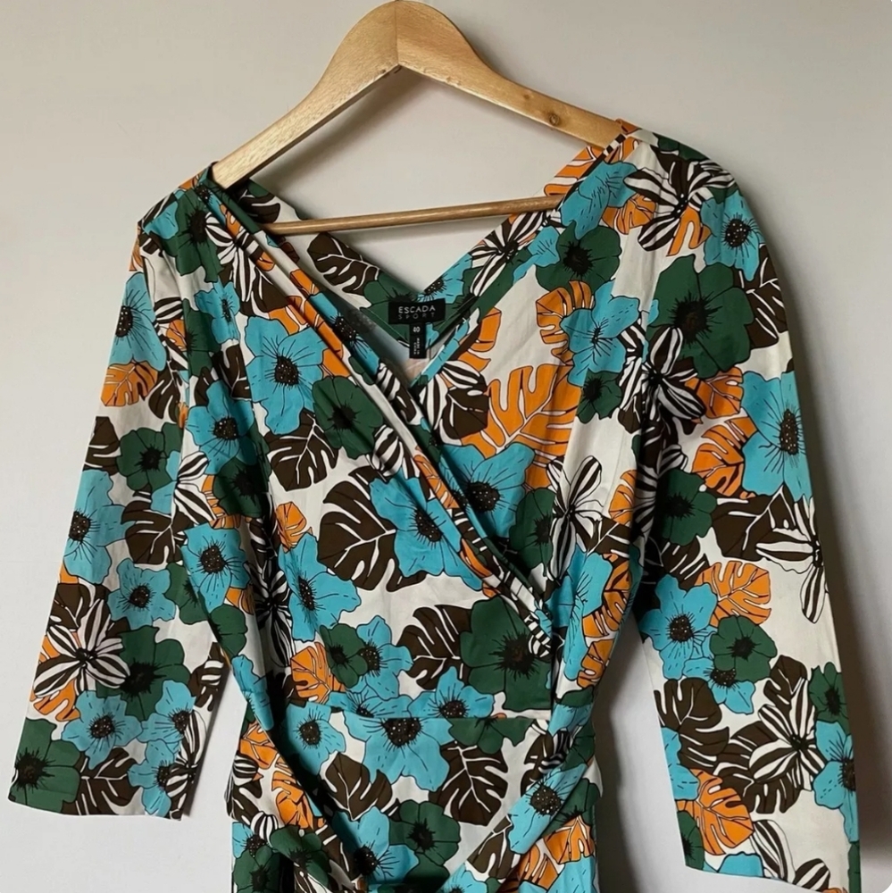 Escada Sport Floral Monstera Print Belted A Line Dress Size 44 US 14 Blue/Orange - Picture 2 of 7